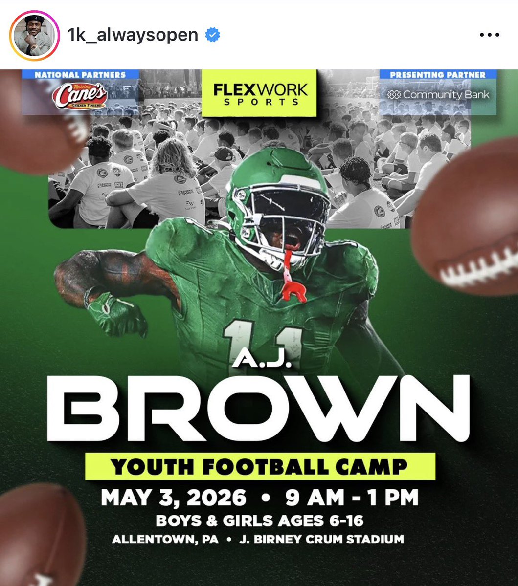 pheaglescentral's tweet image. AJ Brown is hosting two youth football camps in Southeast Pennsylvania in the months of May and July:

May 3rd — Allentown, PA
July 17th — Aston Township, PA 

“See you out there”
