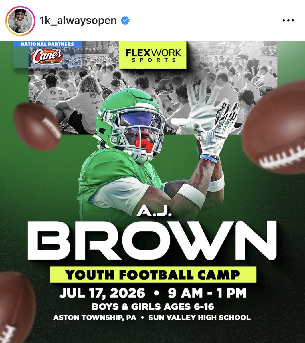 pheaglescentral's tweet image. AJ Brown is hosting two youth football camps in Southeast Pennsylvania in the months of May and July:

May 3rd — Allentown, PA
July 17th — Aston Township, PA 

“See you out there”