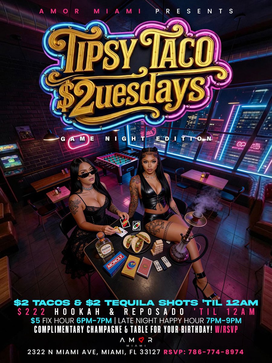 Taco $2UESDAYS @ Amor Miami 
📍 2322 N Miami Ave, Wynwood 
TACOS &amp; TEQUILA!! Free Entry All Night!!