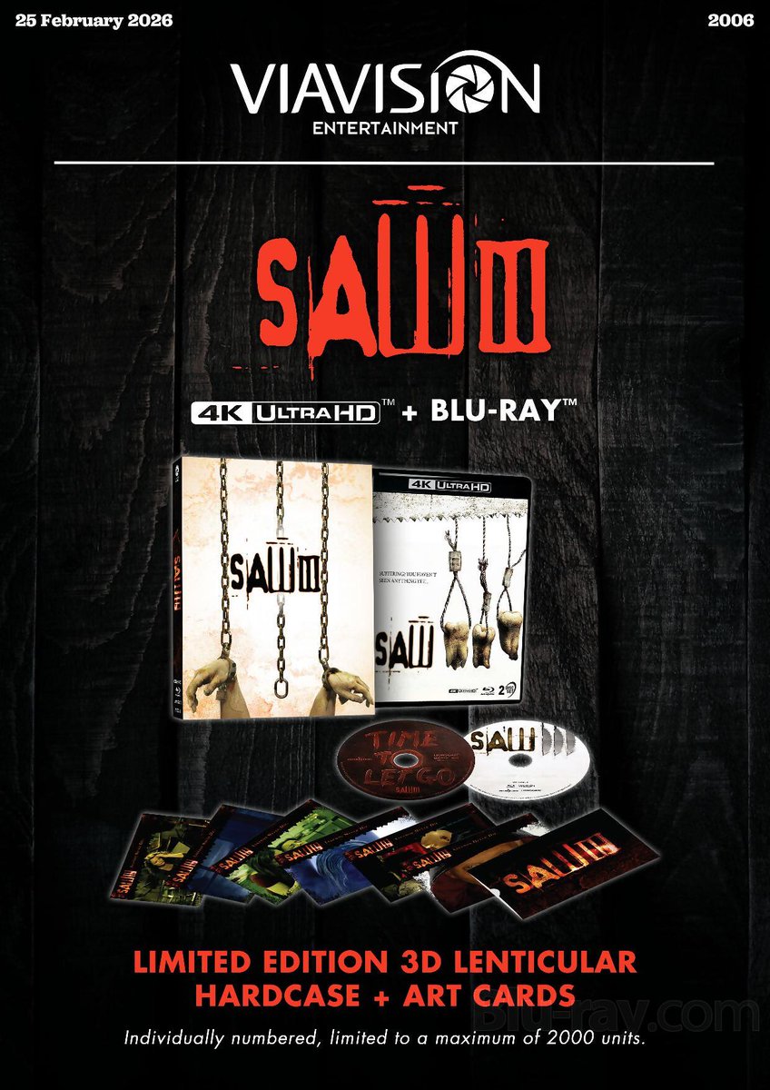 sawspace's tweet photo. In the same vein, #SawIII was unchained on 4K (Disc 1: Theatrical) + Blu-ray (Disc 2: Unrated Cut) Ltd Edition with 3D Lenticular Hardcase + Art Cards on 25th Feb 2026 through @viavisionent

These sets are limited to 2000 copies only.

Purchase here: https://t.co/G9r8B4YqJ6 https://t.co/1z2JhqxY4f