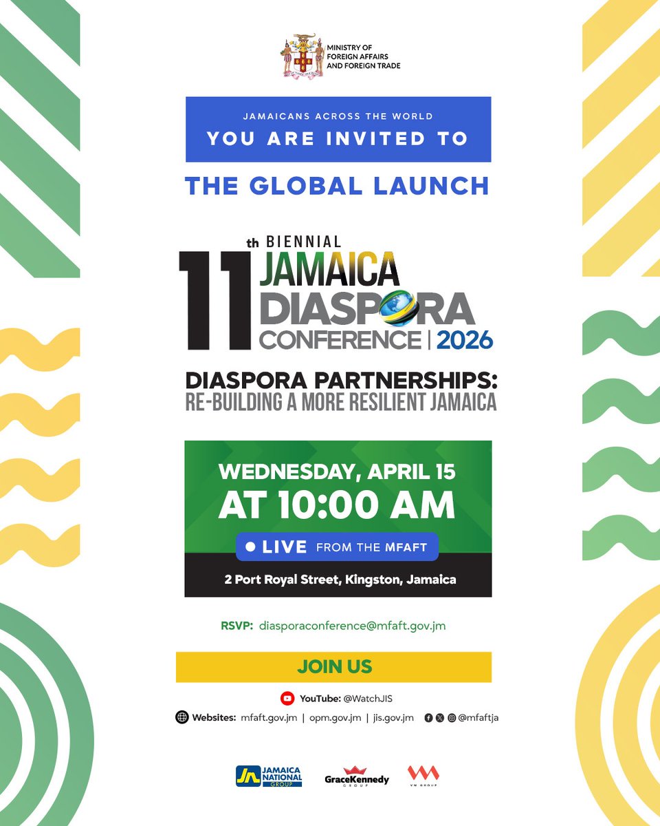 mfaftja's tweet photo. The 11th Biennial Jamaica Diaspora Conference 2026 launches in 2 days!

 Do you know what happens when you put Jamaicans from all around the world in one room? Ideas collide. Perspectives expand. Collaborations begin. The Jamaica Diaspora Conference launch is where those connections start. 

Location: 2 Port Royal Street, Kingston, Jamaica (Ministry of Foreign Affairs and Foreign Trade Building)

#JamaicaDiasporaConference2026 #InvestInJamaica #JamaicaForward #mfaftja