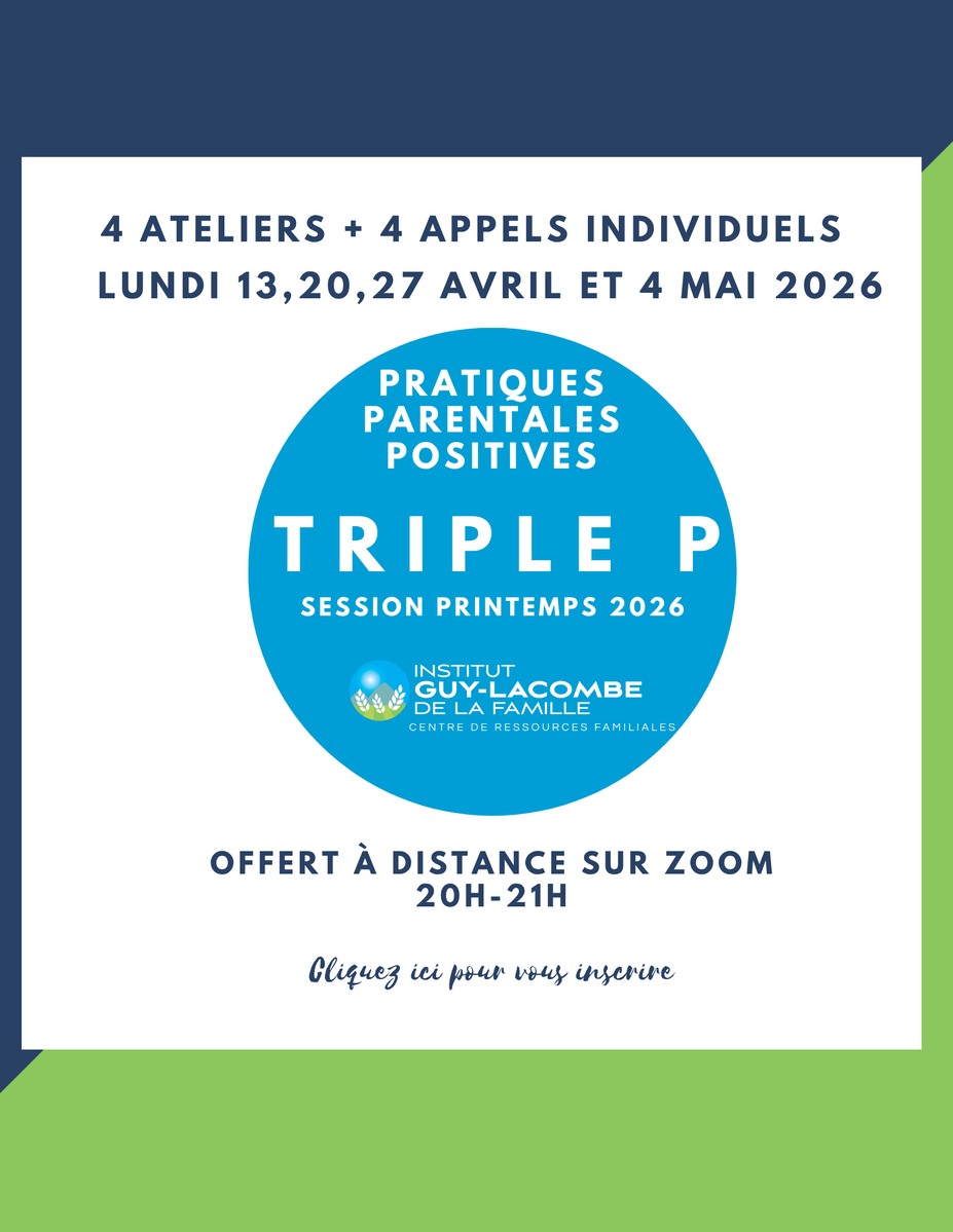 rsaAlberta's tweet image. L'Institut Guy-Lacombe de la famille vous propose son Triple P : pratiques parentales positives en virtuel sur Zoom.

Dates: 13, 20, 27 avril et 4 mai 2026
Heure: 20h00 à 21h00

iglf.wufoo.com/forms/mczry8v1…

#familles #enfants #parents #pratiques #parentales #mamans #papas @i_glf
