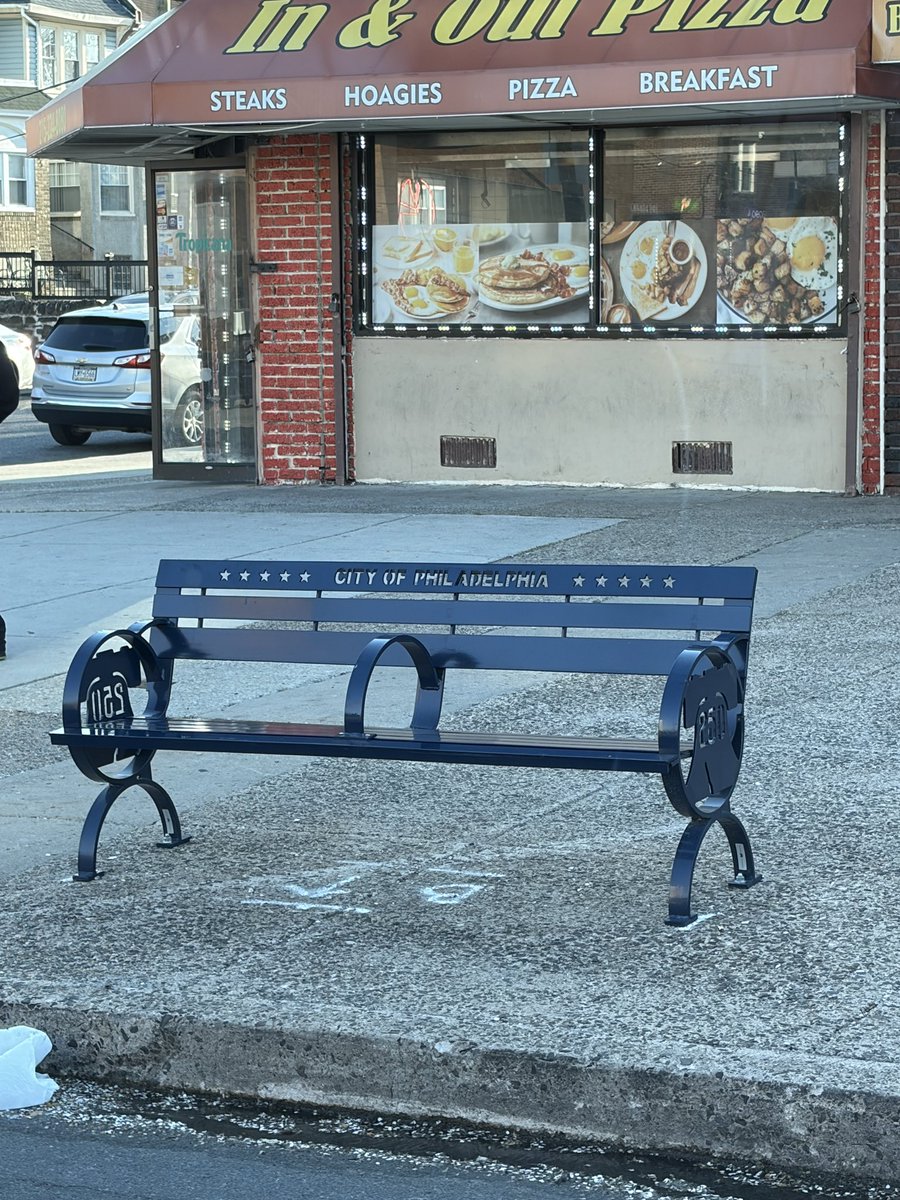 Looks like the city started installing these 250th benches. Liberty Bell on the side reminds me of the Vet. Pretty cool.