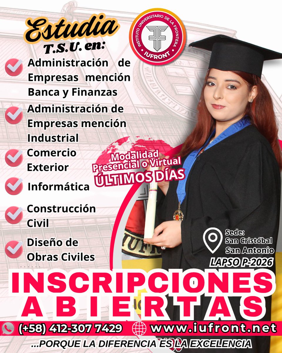 ✨ EL FUTURO QUE QUIERES EMPIEZA HOY

⏳ Estás en los últimos días de inscripciones…
y esta oportunidad no se va a repetir de inmediato.

💡 Fórmate en áreas con alta demanda y prepárate para un futuro real.

📲 Inscríbete hoy — quedan pocos cupos
📞 0412-3077429