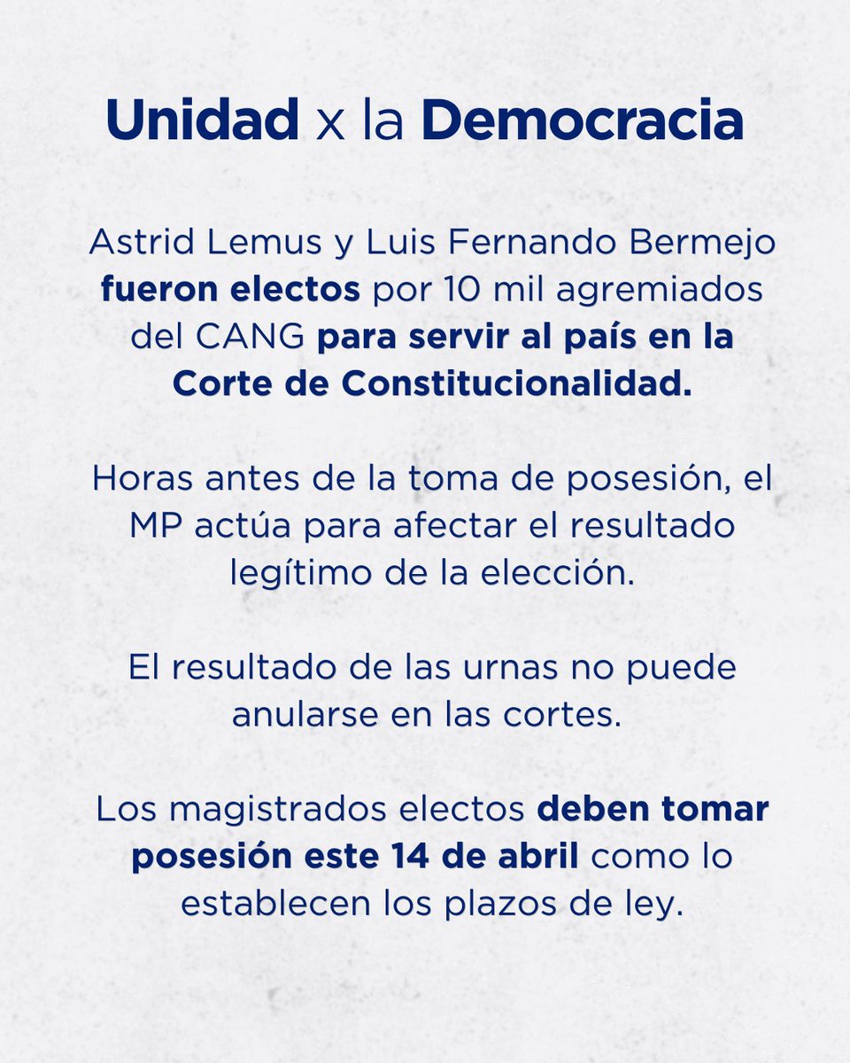 UxD_GT's tweet photo. Mañana, Astrid Lemus y Luis Fernando Bermejo deben tomar posesión como magistrados de la CC.
Cualquier intento del MP que busque alterar este resultado pone en peligro la institucionalidad. https://t.co/qMhQyO12Tr