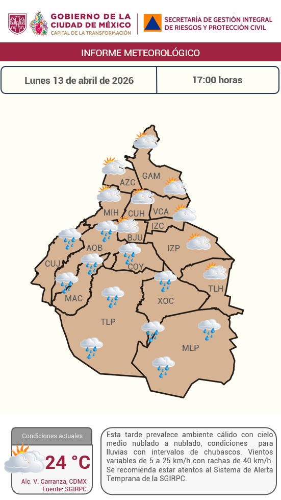 SGIRPC_CDMX's tweet image. Esta tarde prevalece ambiente #cálido con cielo medio #nublado a nublado, condiciones para #lluvias con intervalos de chubascos.

🌡️#Temperatura actual: 24 °C.

Mantente informado. 

#PronósticoDelTiempo #LaPrevenciónEsNuestraFuerza