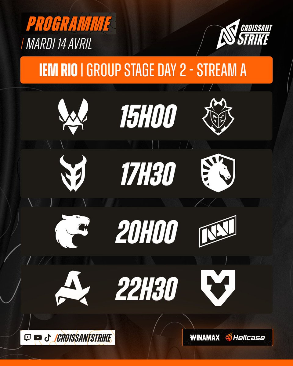 CroissantStrike's tweet photo. 🗓️ L'IEM 🇧🇷 RIO CONTINUE AVEC DE TRÈS BELLES AFFICHES ! 😊

🇪🇺 @TeamVitalityCS vs. 🇪🇺 G2 à 15h
🇪🇸 @gentlemates vs. 🇧🇷 RED Canids à 15h
🇫🇷 @3DMAXGaming vs. 🗺️ Liquid à 17h30 https://t.co/hUG5jQhpLT