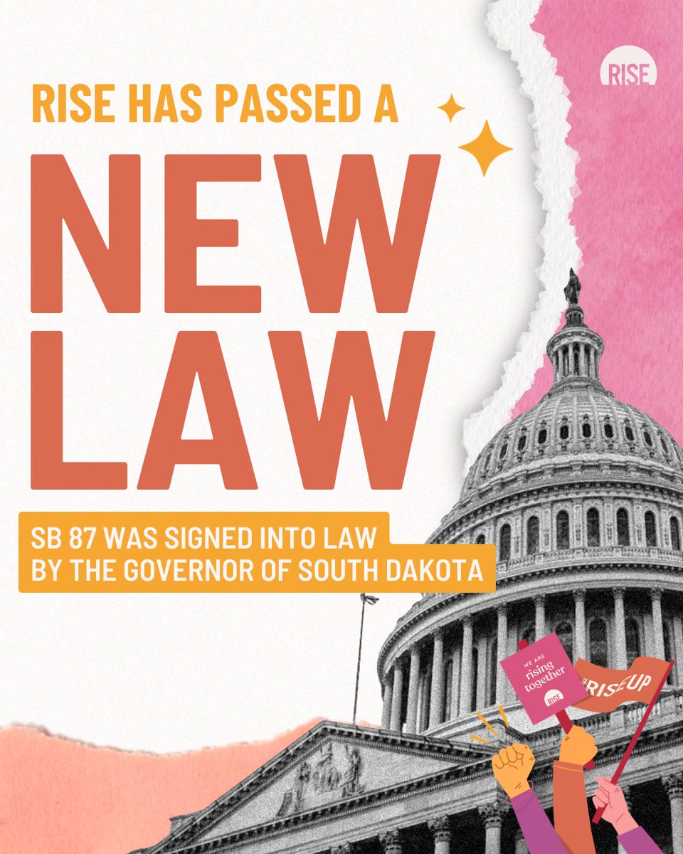 RiseNowUS's tweet photo. SB 87 was signed into law by Gov Rhoden in #SouthDakota! This law clarifies that rape kits are no cost to the survivor and clarifies that a hospital or clinic providing a rape kit must inform a patient about access to a victim's advocate. This law impacts over 1.4 million survivors in South Dakota and is already in effect!