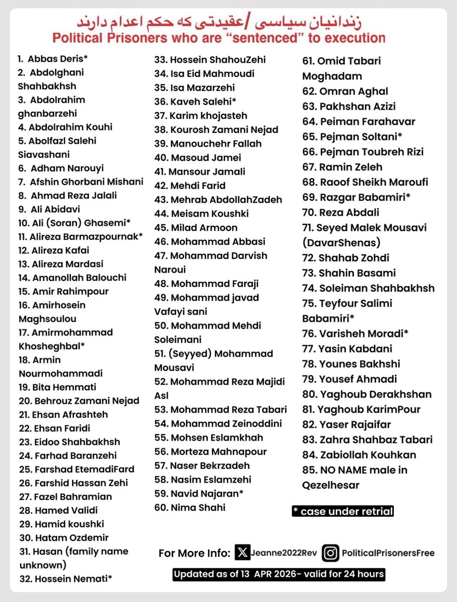 Update as of 13 APR 2026🚨🚨

🚨بیتا همتی، کوروش زمانی نژاد، بهروز زمانی نژاد از یک‌پرونده به اعدام‌محکوم شدند. از همون پرونده محمدرضا مجیدی‌اصل نیز قبلا به اعدام محکوم شده بود. 
🧑‍🧒‍🧒 نسیم اسلام‌زهی (مادر دو فرزند خردسال) را فراموش نکنیم! ارسلان شیخی همسر نسیم اسلامزهی اعدام