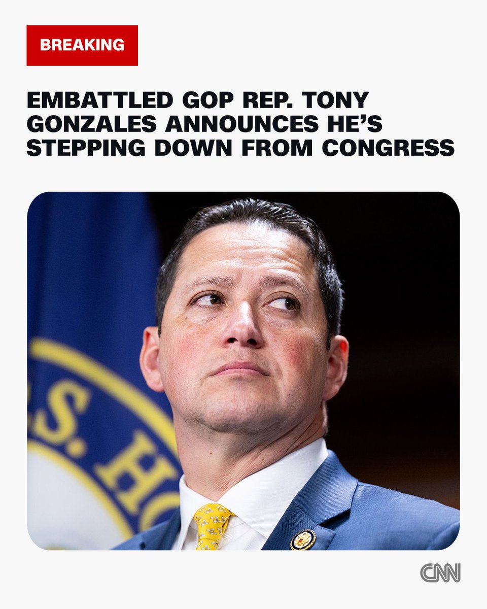 CNNPolitics's tweet image. Republican Rep. Tony Gonzales says he will step down from Congress, a month after admitting to an affair with a former staffer. cnn.it/4t624rx