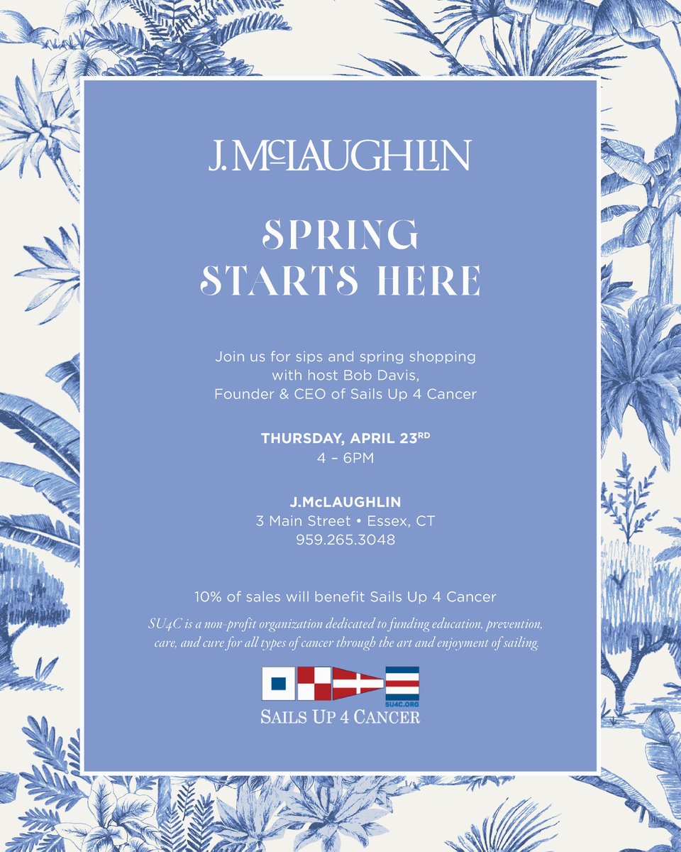 Sip, shop, and support a great cause 🍷🛍️

Join #SailsUp4Cancer at J.McLaughlin on Thursday, April 23 from 4–6 p.m. for an evening of #springstyle and community spirit ✨ 10% of all sales will be donated to Sails Up 4 Cancer. #CTSpringBoatShow #EssexCT