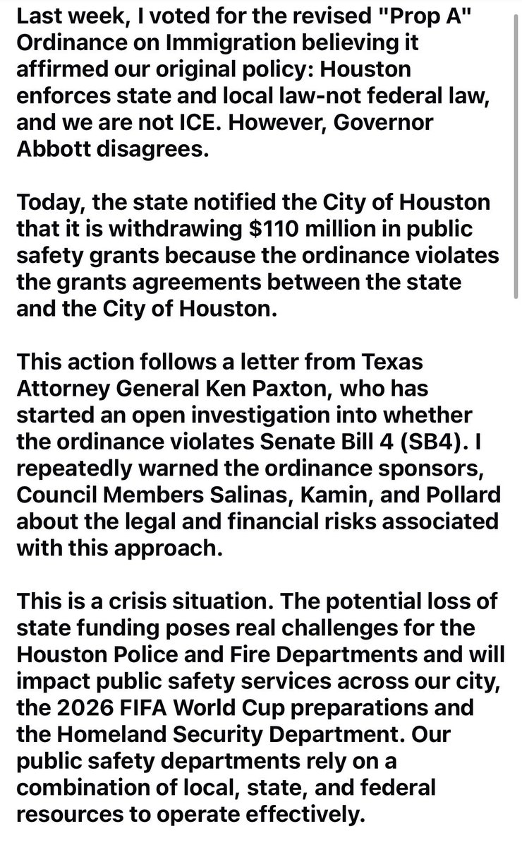 hollyshansen's tweet image. in: #Houston Mayor @whitmire_john statement on receiving notification that the city will lose public safety grant $