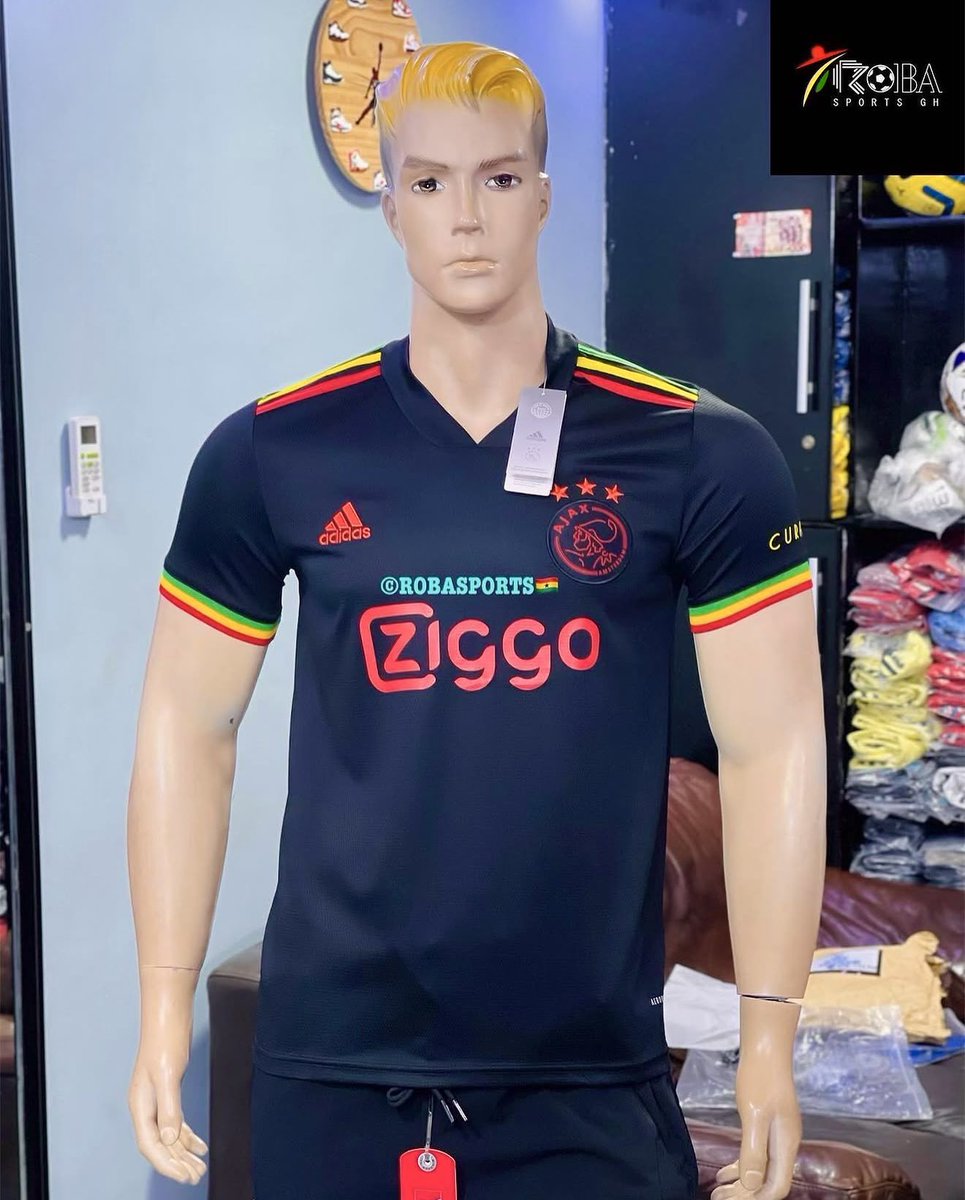 robasportsgh's tweet photo. Ajax’s tribute shirt to legend Bob Marley limited in store now 🔴🟡🟢🐦‍⬛. Call in to order yours now ☎️ #0576230590 #ROBASPORTS🇬🇭 https://t.co/5unosqZtFI