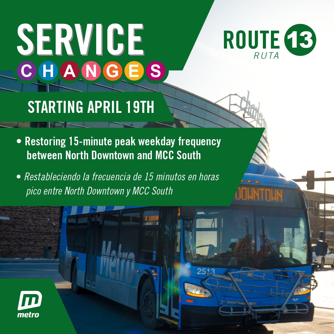 rideORBT's tweet photo. RIDER ALERT- Starting Sunday April 19
4:Frequency increase on weekday nights
11:Sunday service increases, runs later
13:15-min frequency from N. DT to MCC South
18:Takes Dodge/Douglas through DT
26:Runs counter-clockwise
30:Florence to NOTC to Aksarben
https://t.co/77FkY7bbiI https://t.co/bRKgbntH78