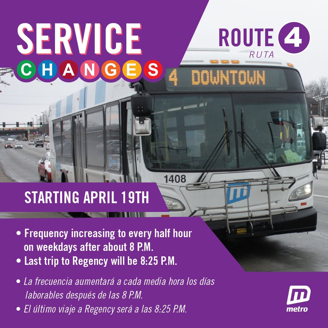 rideORBT's tweet photo. RIDER ALERT- Starting Sunday April 19
4:Frequency increase on weekday nights
11:Sunday service increases, runs later
13:15-min frequency from N. DT to MCC South
18:Takes Dodge/Douglas through DT
26:Runs counter-clockwise
30:Florence to NOTC to Aksarben
https://t.co/77FkY7bbiI https://t.co/bRKgbntH78