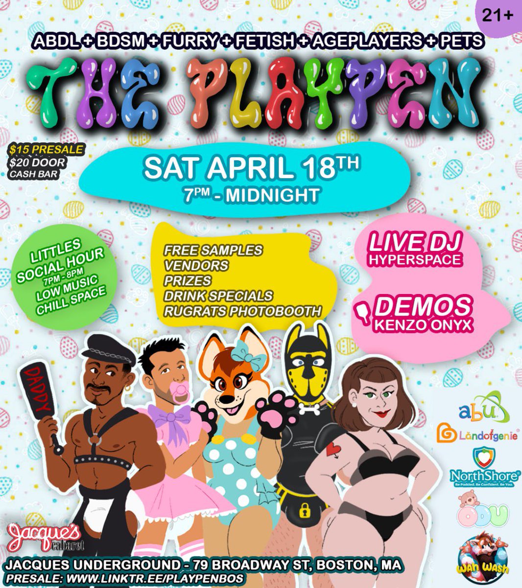 Doggybabyjr's tweet photo. New England ABDLs!
Playpen is back this Saturday in Boston.

Come party past your bedtime.

https://t.co/JY9Dvz1qNy

Sponsored by @ABUDiapers @NorthShoreABDL @wah_wash @OnesieDownunder @landofgenie 

With DJ @hyperspacegoog and demos by Kenzo Onyx https://t.co/pC0FcOmhRT