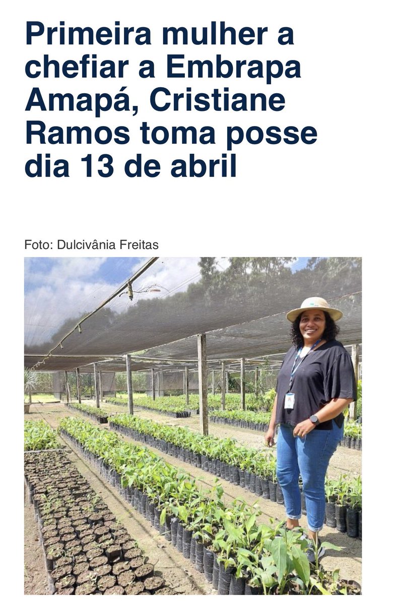 Quero parabenizar a pesquisadora Cristiane Ramos e desejar boa sorte em sua nova missão pois hoje ela tomou posse como a primeira mulher Chefe Geral da Embrapa Amapá. Desejo muito sucesso! embrapa.br/busca-de-notic…