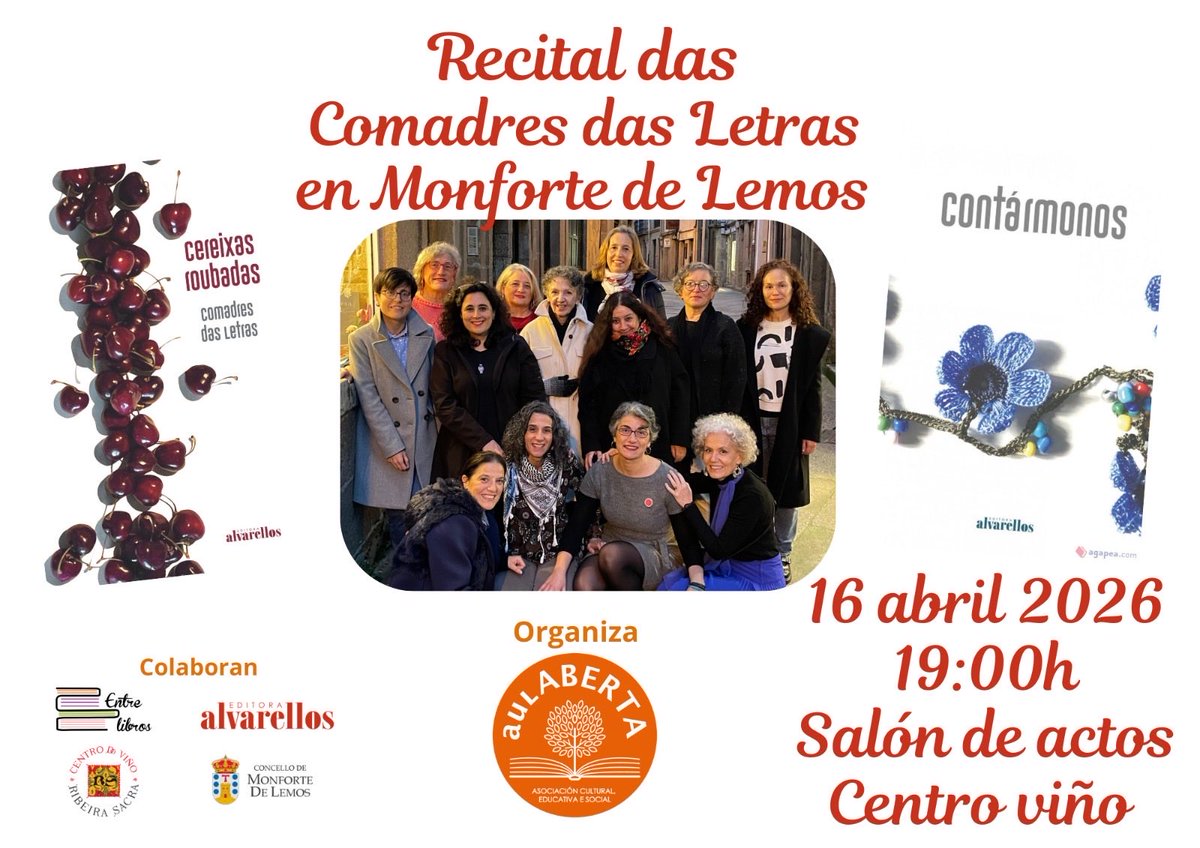 ComadresdLetras's tweet photo. Esta semana andaremos por Monforte. Con moita gana xa de recitar e ler nestas fermosas terras textos dos dous nosos dous libros. 💜
Esperamos vervos! Vide. 🌸
🥰 https://t.co/J2N5nKAMXM