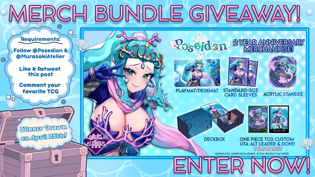 🔱💢 MERCHANDISE BUNDLE GIVEAWAY! 💢🔱

As promised from subathon, I will be giving away 1 Ruler of the Abyss Bundle! 🌊

REQUIREMENTS
- Follow me and <a href="/MurasakiAtelier/">Murasaki Atelier🔱🌊</a>.
- Like and retweet this post.
- Comment below your favorite TCG.

Winner will be drawn on April 28! Good luck!