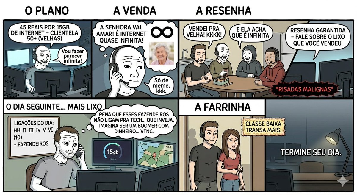 UnholyDjinn's tweet photo. imagine trabalhar no telemarketing

acorde as 06 da manha
pegue o onibus as 06:30
tome um cafezinho as 06:45 e converse com alguns conhecidos na lanchonete.
entre no serviço as 08:00

te entregam um produto:

45 reais por 15gb de internet
a clientela será de velhas de 50+

ligue pra ela só de meme
comece a oferecer
faça parecer que é internet infinita
ria com os amigos após vender pra ela o plano

horario do almoço
coma sua marmitinha na cantina da empresa.
converse com seus amigos telemarketeiros
resenha garantida
fale sobre o lixo que voce vendeu
haha risadas malignas de telemarketing

volte, faça mais 10 ligações vendendo mais porcaria pra idosas e velhos desavisados principalmente fazendeiro que embora ganhem muito dinheiro e sejam bem espertos não ligam muito pra isso de tecnologia alem do zap (e no fundo tu inveja eles, VTNC que vida boa, imagina ser um boomer com dinheiro e totalmente desavisado sobre tecnologia)

pegue sua colega de trabalho (classe baixa transa mais)

termine seu dia