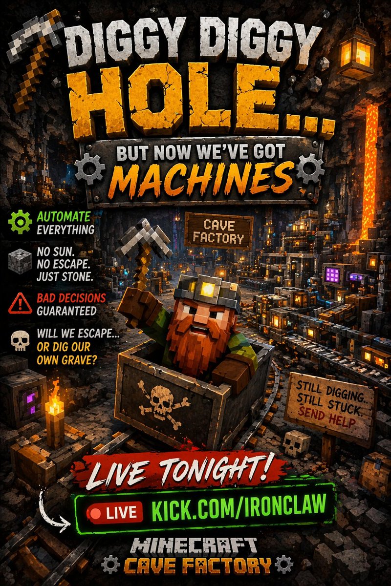 Ironclaw84's tweet photo. ⛏️ Diggy Diggy Hole… but now we’ve got MACHINES ⚙️😤

Back in Cave Factory tonight—no sun, no escape, just bad decisions and over-engineering everything. Will we automate freedom or dig our own grave? 😂

🔴 LIVE: https://t.co/y6aupBmHmt
#CaveFactory #ModdedMinecraft #Streaming https://t.co/CsTo2ue6i5