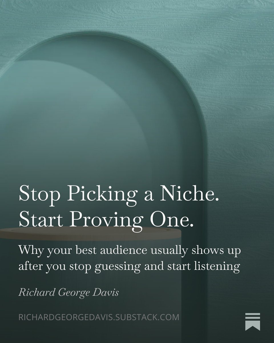 RGDart's tweet photo. Most creatives do not have a niche problem. They have a listening problem.

A stronger niche usually comes from three moves: purpose, message mining, validation.

Write the first version. Test it. Listen for repeated language. Then refine.

https://t.co/dhwuohtArd https://t.co/UrFwsn2iZH