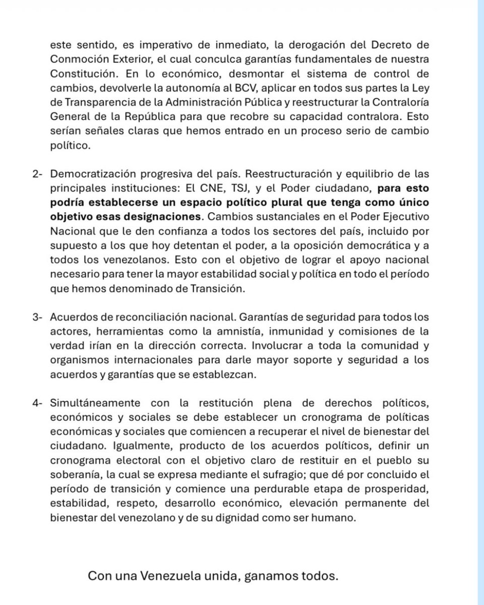 simoncalzadilla's tweet photo. El 26 de Enero  planteamos al país la necesidad de restituirle la autonomía al BCV, unificación cambiaria, disminuir el encaje legal para restablecer el crédito, la liberalización política, reinstitucionalización, democratización, estabilización, recuperación económica, reconciliación nacional y elaboración de un cronograma electoral.  Hoy observamos como un hecho muy positivo que el gobierno de los EEUU, otras organizaciones políticas de la oposición democrática y destacados economistas coincidan en este planteamiento político e institucional.