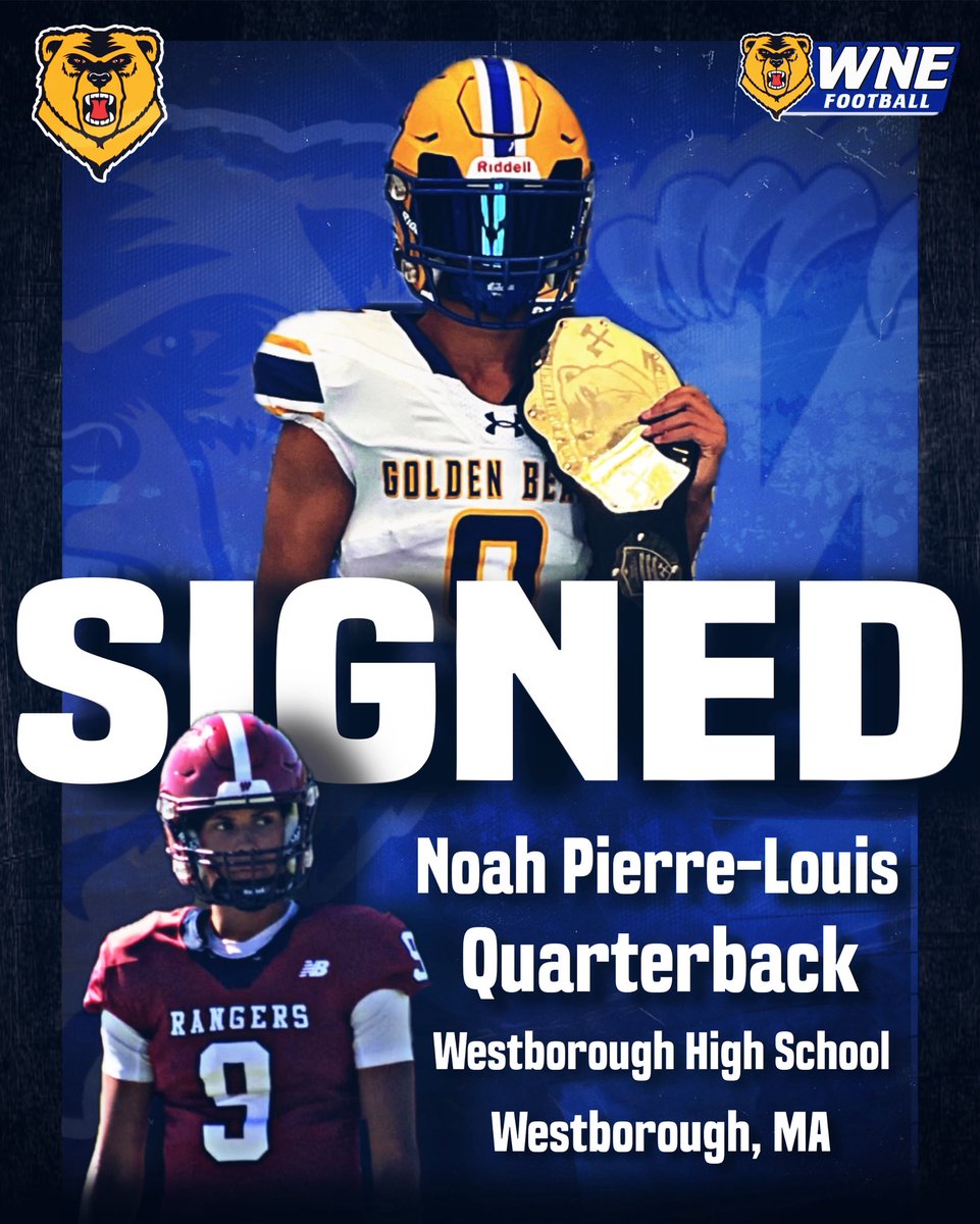 WNEFB's tweet image. Golden Bear Football Family, Welcome Noah Pierre-Louis !

🏫Westborough High School (Westborough, MA)
🏈QB
📏6’1
⚖️180
🏅Team Captain, Central Mass All-Star

#AlwaysOn #RollBears #OneBetter
