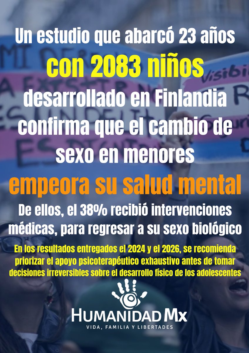 Un estudio que abarcó 23 años, con 2083 niños desarrollado en Finlandia, confirma que el cambio de sexo en menores, empeora su salud mental.

De ellos, el 38% recibió intervenciones médicas, para regresar a su sexo biológico.

#HumanidadMx

libertaddigital.com/ciencia-tecnol…