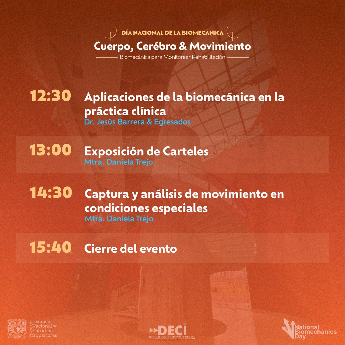 🧠💪 ¿Cómo se mide el movimiento para mejorar la rehabilitación?

Descúbrelo en el Día Nacional de la Biomecánica
“Cuerpo, Cerebro &amp; Movimiento”

📍 UNAM León
📅 21 de abril de 2026
🎟️ Evento gratuito y presencial

Aprende de expertos en:
✔️ Neurorehabilitación
✔️ Análisis de la