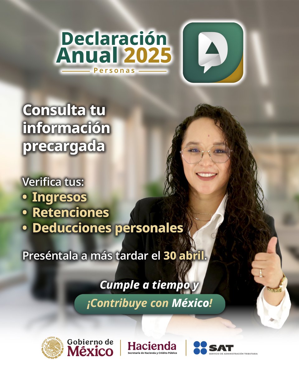 🙌 Es muy fácil presentar tu 𝐃𝐞𝐜𝐥𝐚𝐫𝐚𝐜𝐢𝐨́𝐧 𝐀𝐧𝐮𝐚𝐥 𝟐𝟎𝟐𝟓, solo valida tu información y envía.
 
Más información en 👇sat.gob.mx/minisitio/Decl… 
 
#Declara2025 📃