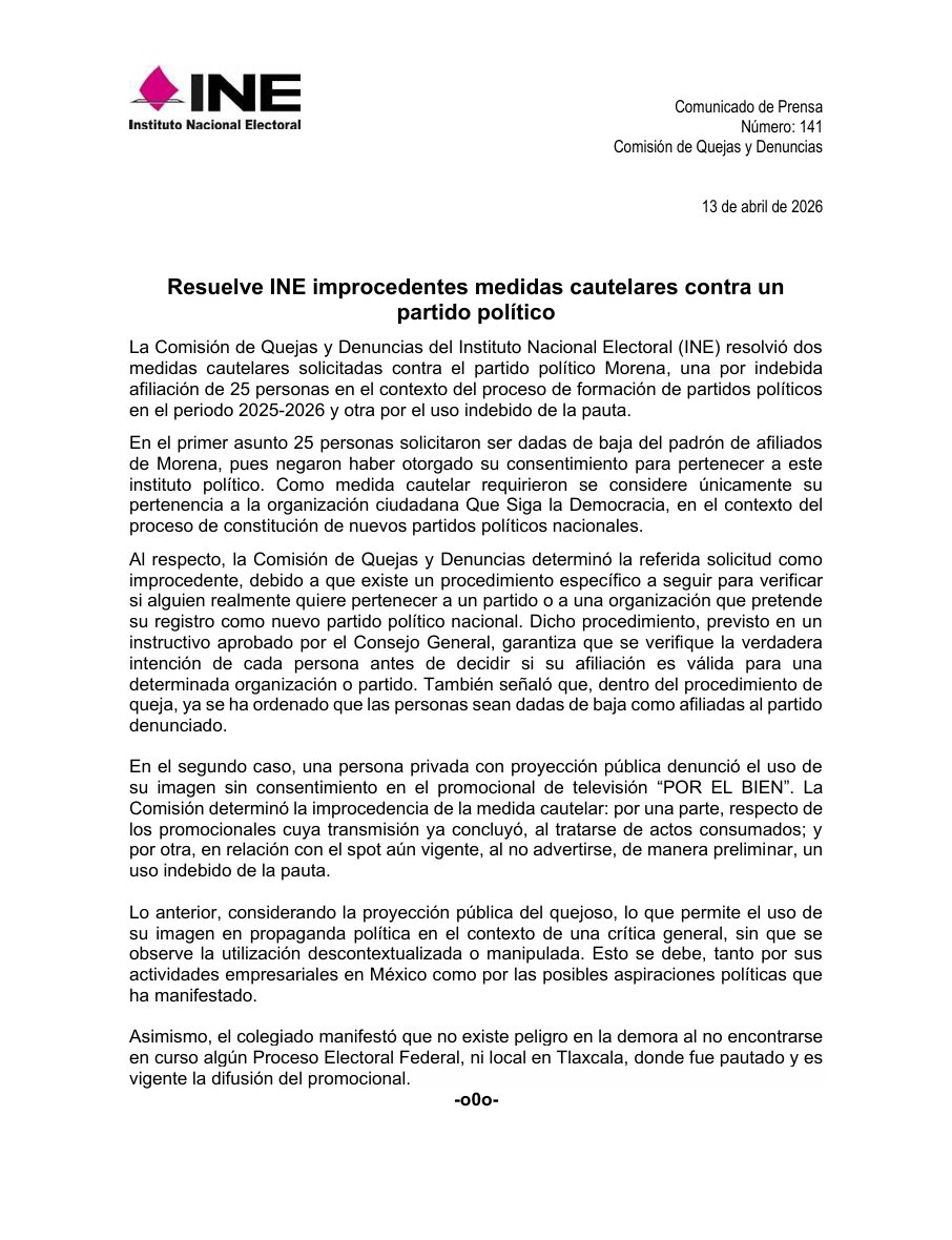 #BoletínINE | Resuelve INE improcedentes medidas cautelares contra un partido político 

centralelectoral.ine.mx/2026/04/13/res…