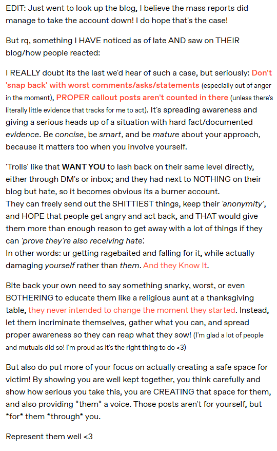 CrypticScareCro's tweet image. Received an Ask on Tumblr as a heads up, but while I was in the middle of blocking them here, I saw the same thing happening.
I feel like people should know about 'Properly Shutting Down Hate/Doxxing/Trolls' etiquette again

#important #calloutpost