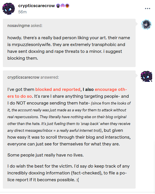 CrypticScareCro's tweet image. Received an Ask on Tumblr as a heads up, but while I was in the middle of blocking them here, I saw the same thing happening.
I feel like people should know about 'Properly Shutting Down Hate/Doxxing/Trolls' etiquette again

#important #calloutpost
