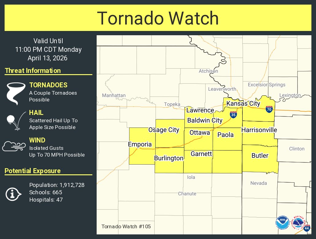 A tornado watch has been issued for parts of Kansas and Missouri until 11 PM CDT