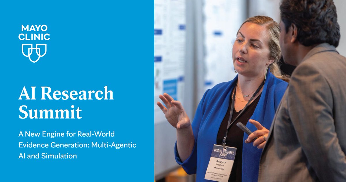 MayoClinic's tweet image. There’s still time to take advantage of early-bird registration for Mayo Clinic’s 2026 AI Research Summit. 

June 4–5 | Rochester, Minnesota + online 
Join the conversation on the future of healthcare AI. 

Register: ai-summit.com 

#AIResearchSummit #MayoClinic #AI