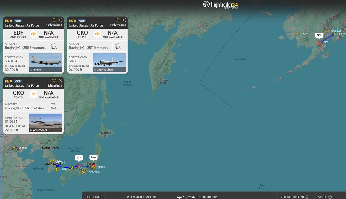 AUX_OSINT's tweet photo. 3x KC-135R/T moving fighters(?) out of South Korea to Alaska.

Exercise Freedom Flag, a joint exercise between South Korean military and USAF / USN forces, which just kicked off this week.

#AE015B – 58-0104 – KICK61
#AE0681 – 58-0086 – KICK62(?)
#AE059F – 61-0294 – KICK63(?) https://t.co/6gWM6xJ7Gb