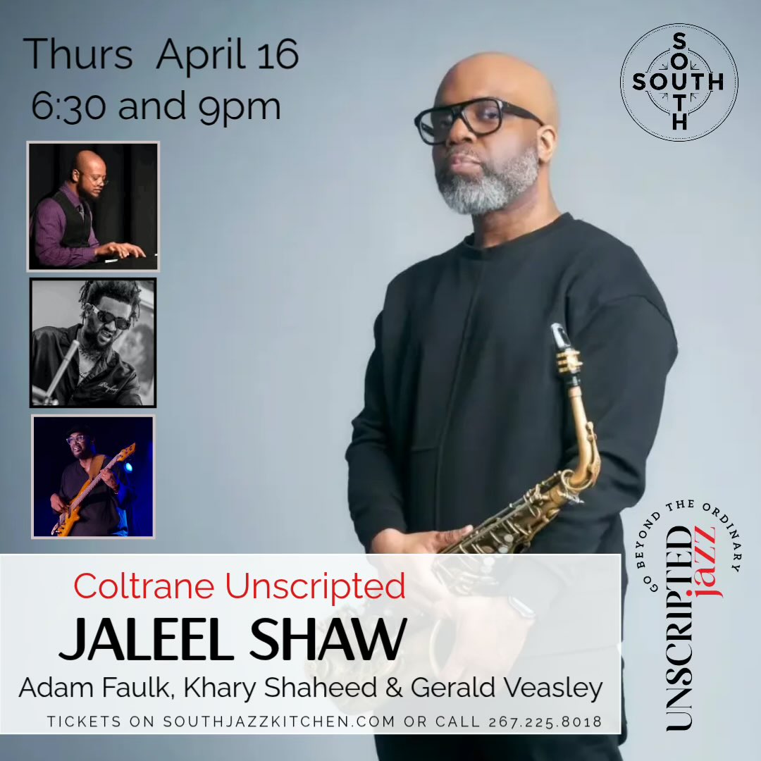 geraldveasley's tweet photo. @jaleelshaw comes back home to Philly for an evening of @JohnColtrane music as part of the Coltrane Centennial celebration! 

Excited to share the @SOUTHphl stage with the saxophonist who (according to Downbeat) “pours out love” through his horn. I agree https://t.co/8fevojX4Qc