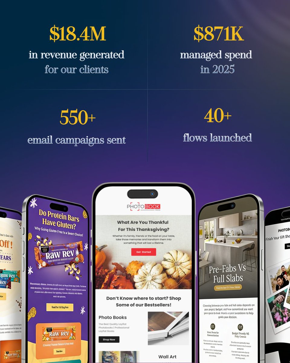 SmartSitesNJ's tweet image. 2025 Email Marketing Results at @SmartSitesNJ 📬

$18.4M in revenue generated for clients
$871K in managed spend
550+ email campaigns sent
40+ flows launched

Scale happens when strategy meets execution.

#SmartSites #EmailMarketing #EcommerceGrowth