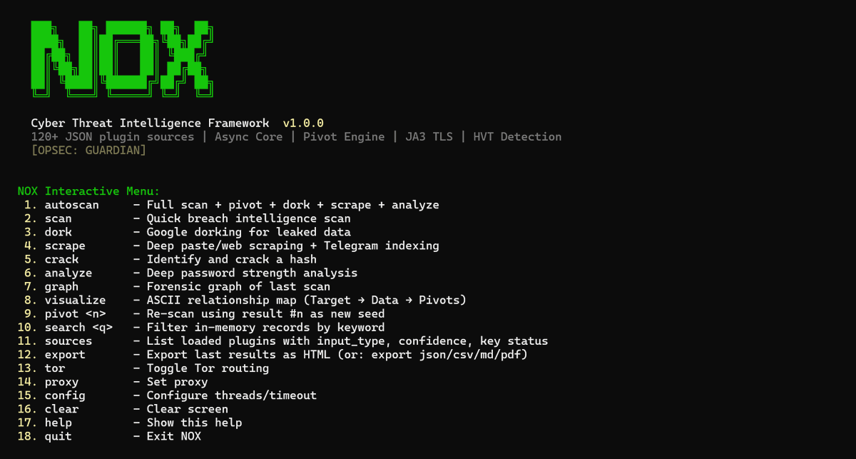 DarkWebInformer's tweet photo. NOX: OSINT framework for red teaming, digital forensics, and corporate exposure analysis.

GitHub: https://t.co/cUDI05z4gH https://t.co/j0ymk2evwv