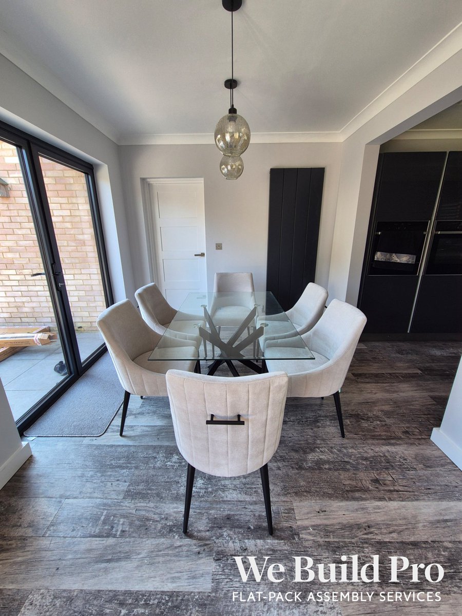 we_build_pro's tweet photo. Dining table and chairs all done. Glass top, black geometric base, six cream velvet chairs.

We Build. So you don't have to.

Need help with yours? DM, call, or WhatsApp 07387 113435 for a free quote.

#WeBuildPro #FlatpackAssembly #DiningTableAssembly #DiningRoomFurniture https://t.co/lP5abaxZlK