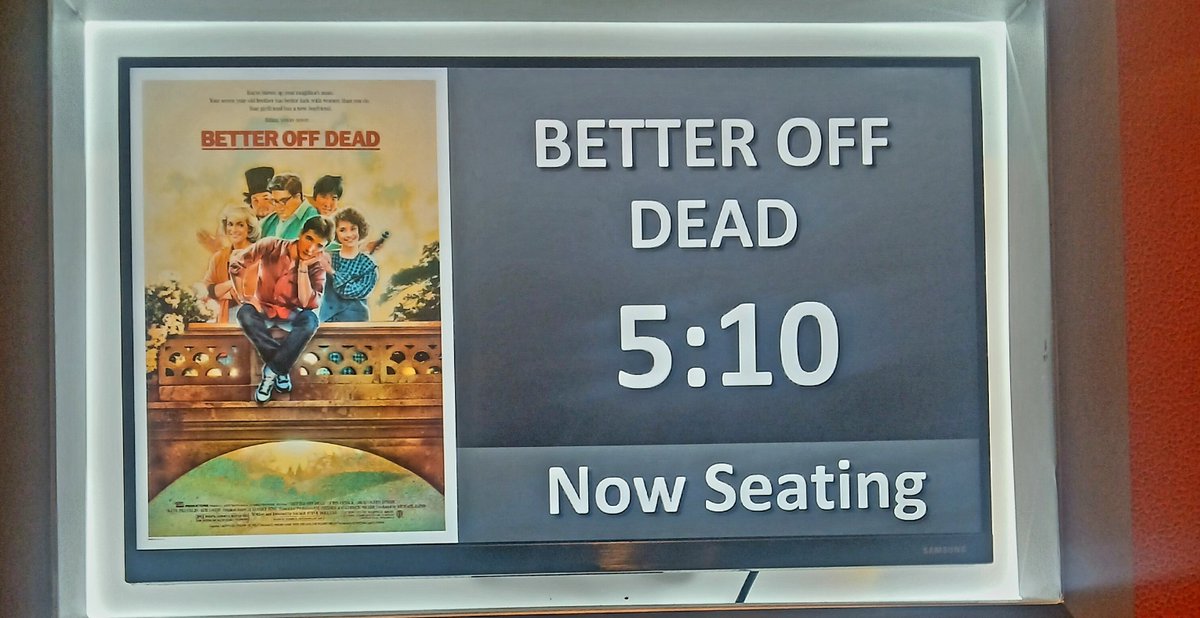 Now watching the funniest '80s teen comedy, Better Off Dead, starring the charming duo of <a href="/DianeFranklin80/">Diane Franklin</a> and <a href="/johncusack/">John Cusack</a> at Seattle's <a href="/Regal/">John Bourne</a> Meridian. (Tickets were only $4.99 so I'll have enough cash left to pay the paperboy.)
