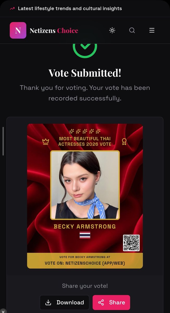 BeckyFreenCute8's tweet image. I voted for Becky Armstrong in MOST BEAUTIFUL THAI ACTRESSES 2026 VOTE! Vote now: 🔗netizenschoice.com/vote/most-beau…

#NETIZENSCHOICE #MBTA2026 
#beckysangels #BeckyArmstrong 
#BeckyRebecca #เบ็คกี้รีเบคก้า 
#BeckyEntertainment 
#คนของเบค #เบ็คกี้อาร์มสตรอง