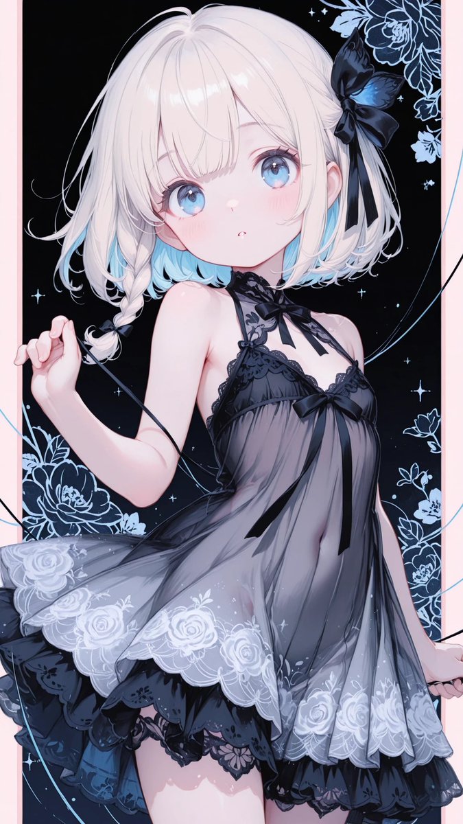 AliceLavli's tweet image. おはよー✨
黒のレースドレスだよ〜
halter neck dress, high gathered neckline, soft gray sheer chiffon overlay, translucent fabric, fine dotted texture, vertical soft pleats, lace trim in deep black color, intricate black floral lace patterns along hem, clearly black lace not gray,