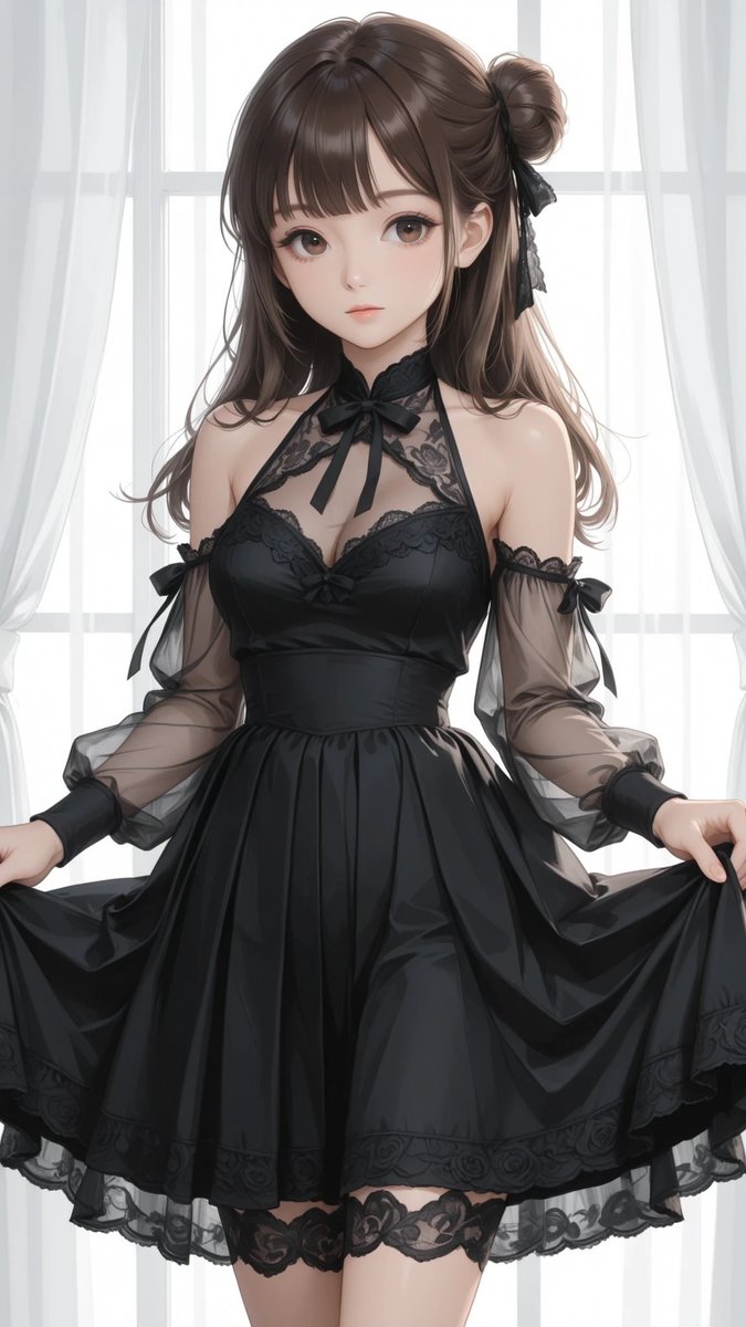 AliceLavli's tweet image. おはよー✨
黒のレースドレスだよ〜
halter neck dress, high gathered neckline, soft gray sheer chiffon overlay, translucent fabric, fine dotted texture, vertical soft pleats, lace trim in deep black color, intricate black floral lace patterns along hem, clearly black lace not gray,