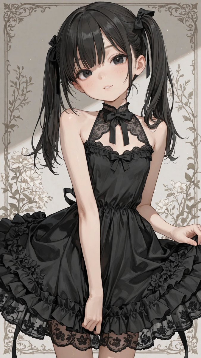 AliceLavli's tweet image. おはよー✨
黒のレースドレスだよ〜
halter neck dress, high gathered neckline, soft gray sheer chiffon overlay, translucent fabric, fine dotted texture, vertical soft pleats, lace trim in deep black color, intricate black floral lace patterns along hem, clearly black lace not gray,