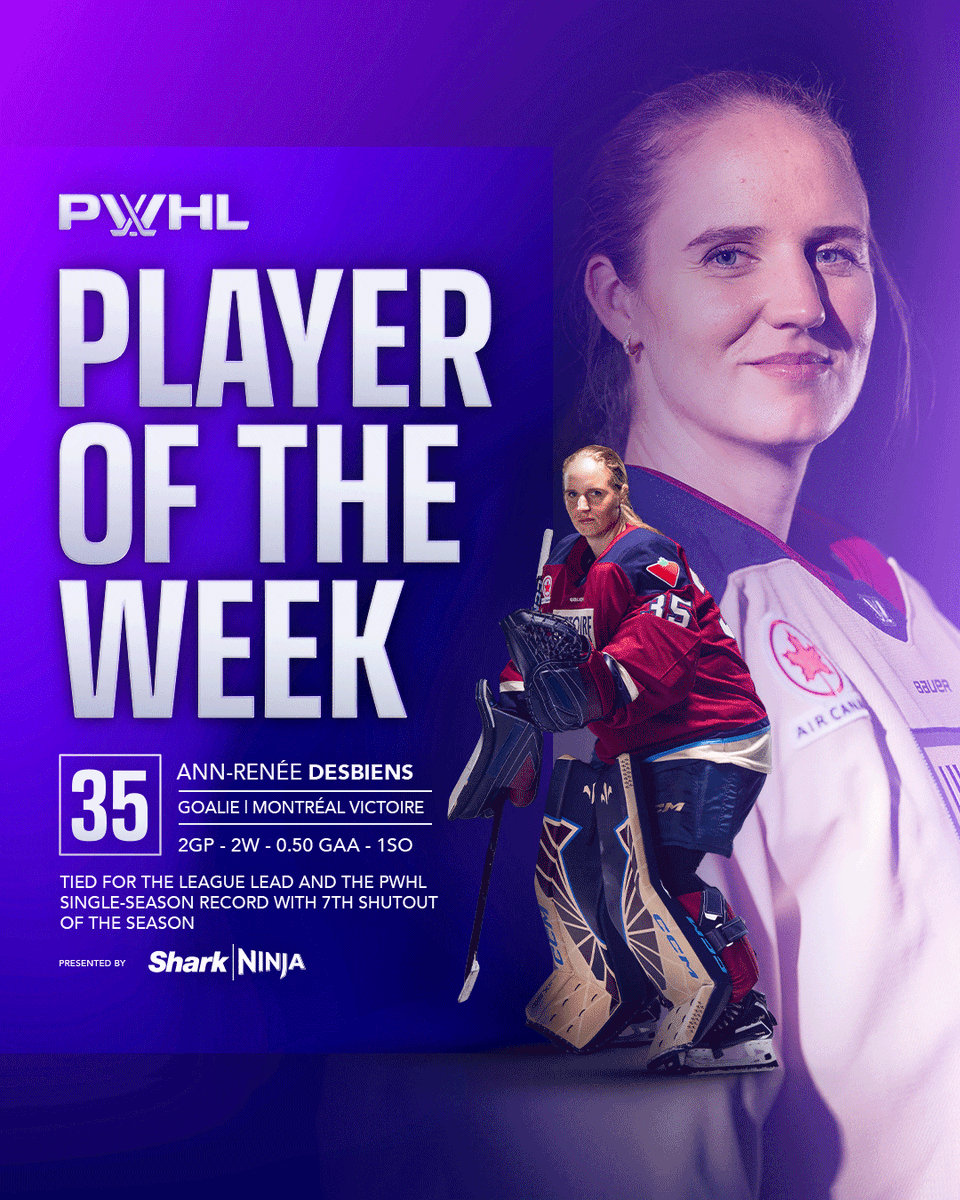 thepwhlofficial's tweet photo. SEVEN AND SEALED 🔒

Ann-Renée Desbiens is Player of the Week after recording her 7th shutout of the season - tying the league lead and setting a new PWHL single-season record!

Ann-Renée Desbiens est la Joueuse de la semaine après avoir signé son septième jeu blanc de la saison, à égalité au sommet de la ligue et nouveau record de la LPHF pour le plus de jeux blancs en une saison!

PWHL x @SharkNinja