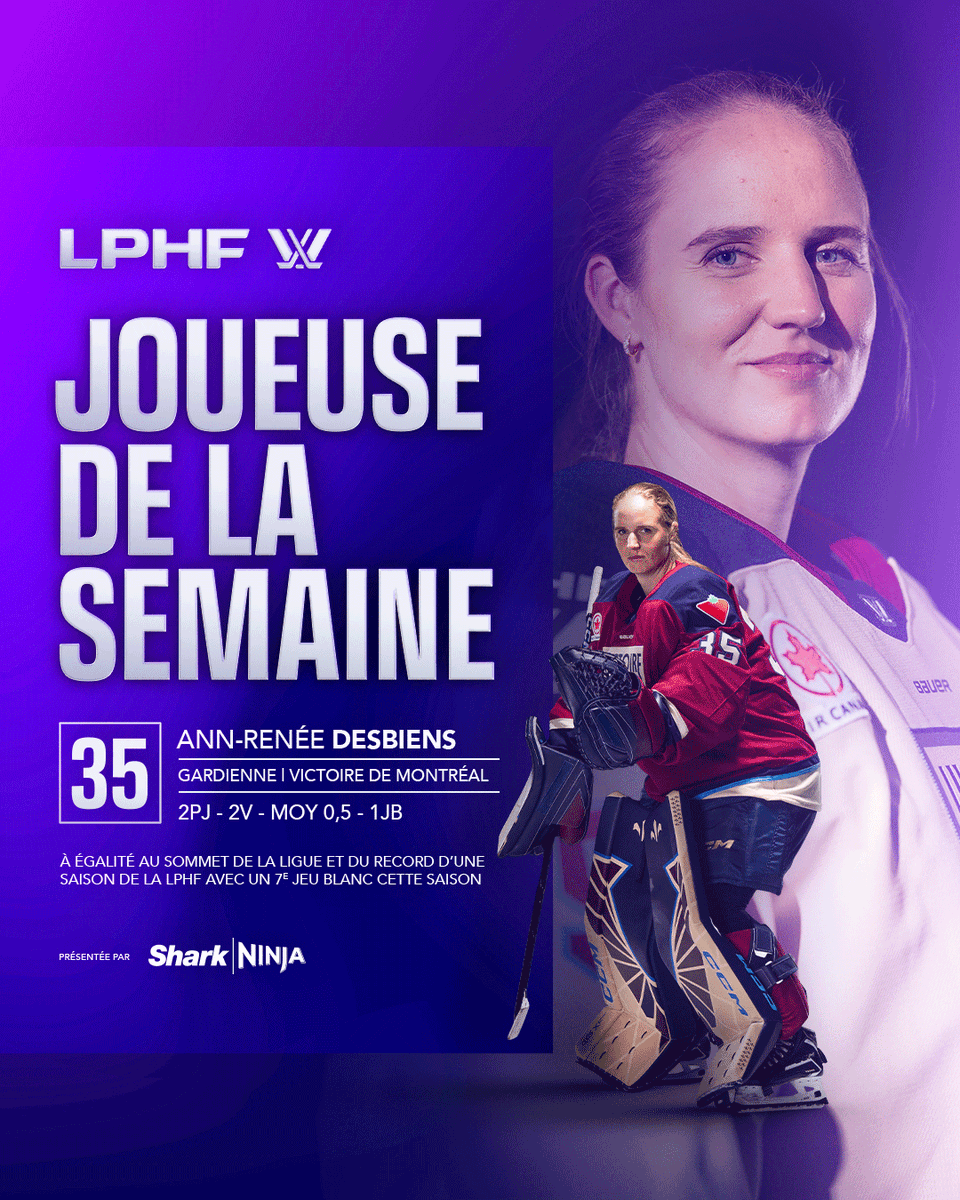 thepwhlofficial's tweet photo. SEVEN AND SEALED 🔒

Ann-Renée Desbiens is Player of the Week after recording her 7th shutout of the season - tying the league lead and setting a new PWHL single-season record!

Ann-Renée Desbiens est la Joueuse de la semaine après avoir signé son septième jeu blanc de la saison, à égalité au sommet de la ligue et nouveau record de la LPHF pour le plus de jeux blancs en une saison!

PWHL x @SharkNinja