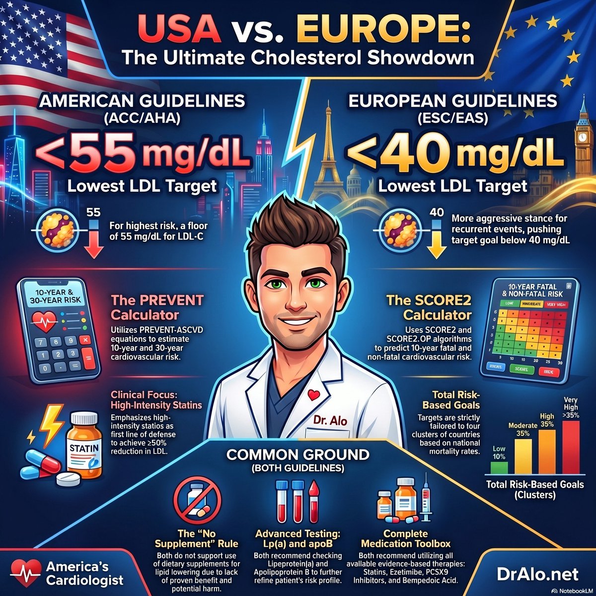 MohammedAlo's tweet photo. ACC vs EAS Guidelines 
🚨 The cholesterol guidelines just changed and here's what you need to know. The U.S. just released its biggest update since 2018, and Europe updated theirs too.

Both are now more aggressive, more personalized, and more aligned than ever.

📊 New risk calculator. The U.S. now uses the PREVENT equations, which estimate your 10-year AND 30-year heart risk. Younger patients who look "fine" on short-term risk may actually need treatment now.

🎯 LDL targets are BACK in U.S. guidelines. If you've had a heart attack or stroke, your LDL goal is under 55 mg/dL. Not "lower." Not "better." Under 55. And if you're not there, escalate your treatment. Under 40 for repeat offenders. 

🫀 CAC scores now have a formal treatment ladder. Score of 300? Treated like someone who already had a heart attack. Score of zero? Reasonable to hold off on meds and recheck in 3-7 years. (I disagree here)

🔬 Lp(a) testing is now a top-level recommendation for ALL adults, at least once in your lifetime. 1 in 5 people carries elevated levels and has no idea. It dramatically raises your risk of heart attack and aortic valve disease. Ask your doctor for it if it has never been checked.

💊 New drugs enter the picture. Bempedoic acid is now formally recommended for people who can't tolerate statins. Inclisiran, a twice-yearly injection, enters U.S. guidelines for the first time. And olezarsen gets a top-tier recommendation for severe triglyceride disorders.

🚫 Supplements for cholesterol? Both the American AND European guidelines now formally say no. Fish oil, red yeast rice, berberine, garlic, turmeric, plant sterols. None of them lower LDL meaningfully. The SPORT trial proved it head to head against a low-dose statin. Save your money and talk to your doctor.

⏰ Treat earlier. For adults in their 30s and 40s with high LDL and a strong family history, waiting until your 10-year risk looks scary is waiting too long. Atherosclerosis builds silently for decades before it strikes.

Your checklist:
✅ Get your Lp(a) checked
✅ Know your LDL goal
✅ Ask about a CAC scan if you and your doctor are on the fence about starting medication
✅ Skip the supplements
✅ If you have heart disease, LDL under 55 mg/dL is the target

https://t.co/TjJt9kK7I9